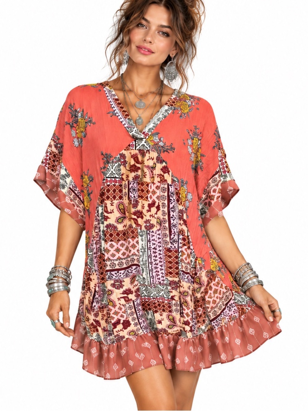 Wishlist Coral Patchwork V-Neck Midi Dress Large